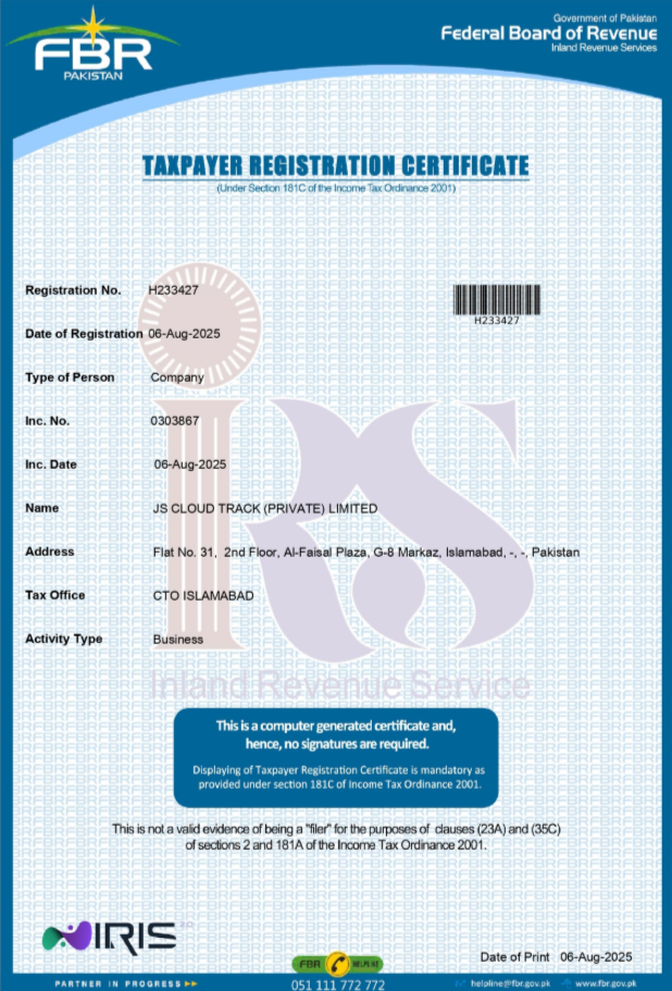 JS Cloud Track FBR NTN registration certificate